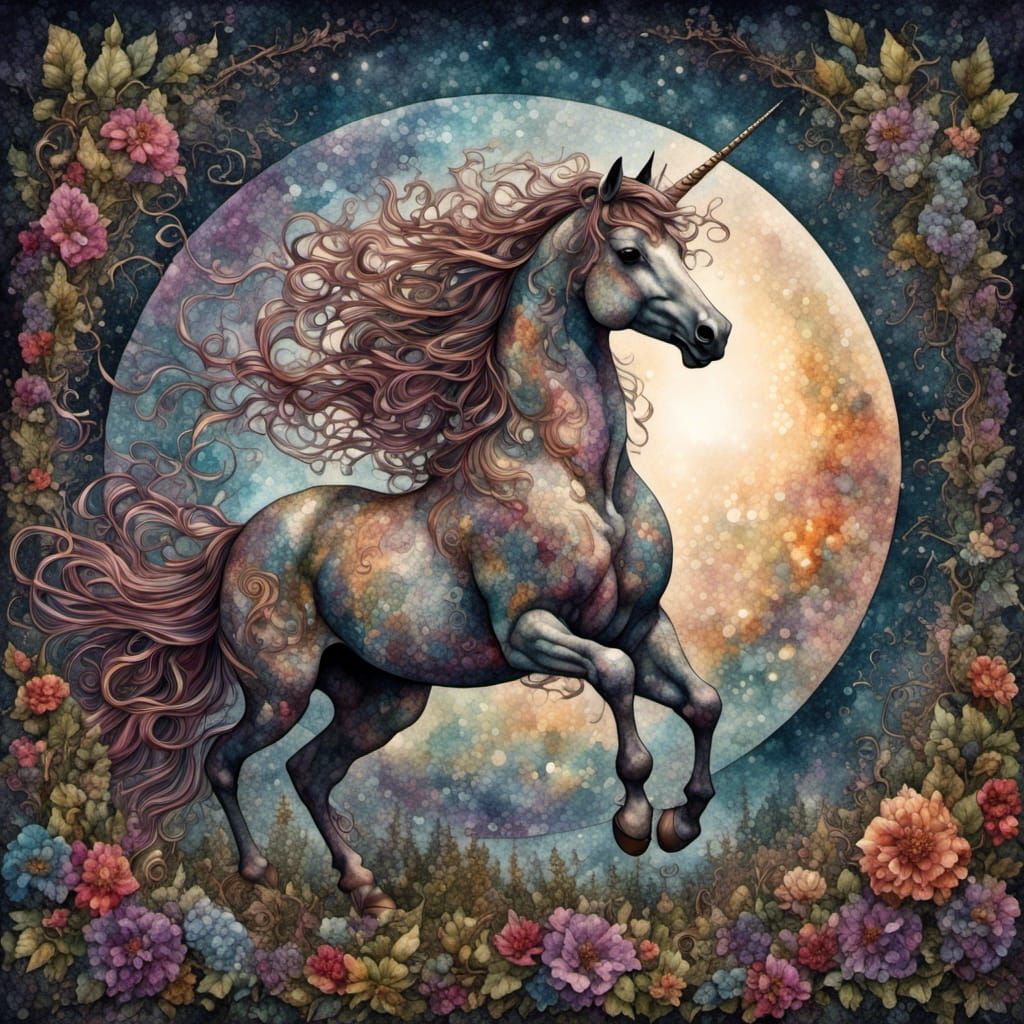 Fierce Unicorn Rearing in Tapestry Fantasy Art