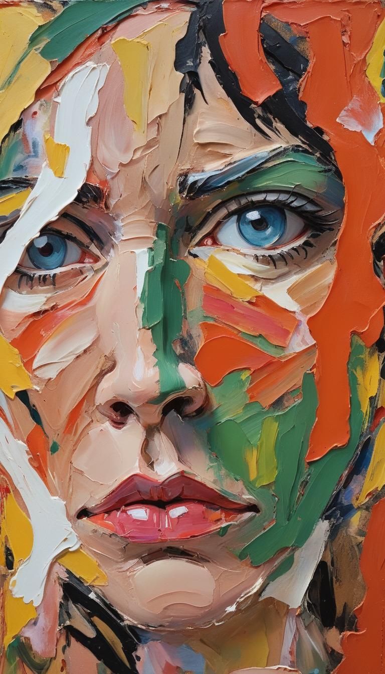 Impasto abstract portrait. A woman with intense gaze, vivid ...