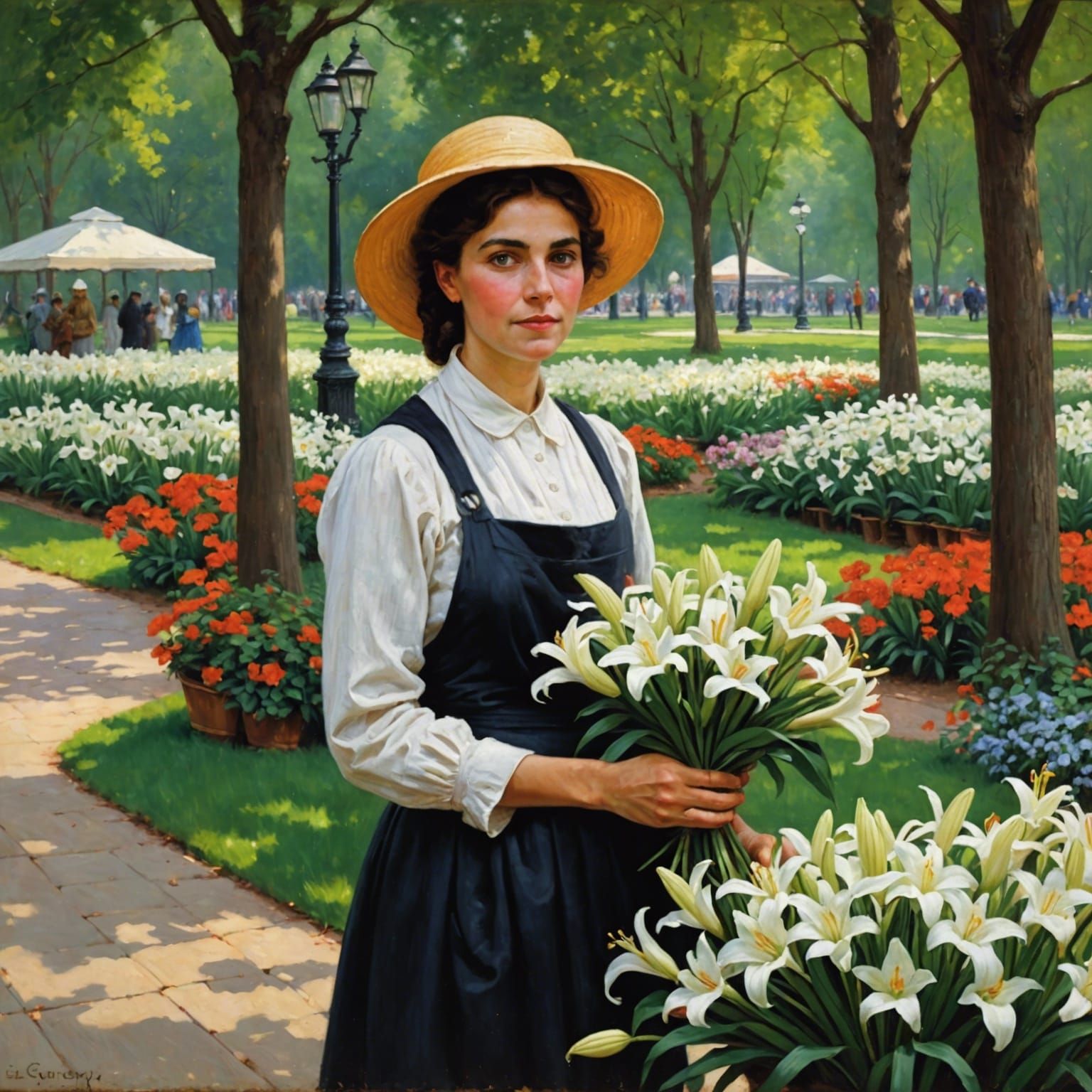 Flower Seller in Park: Oil Painting