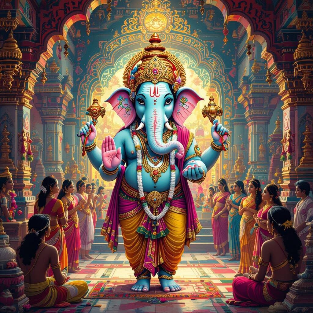 Lord Ganesha in Vibrant Temple: A Digital Art Piece