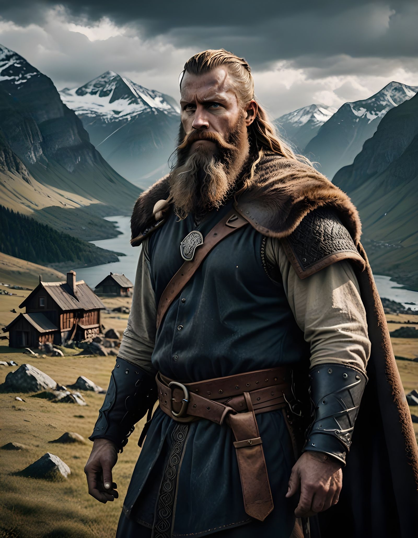 Cinematic Viking Warrior Stands Majestically Against Majesti...