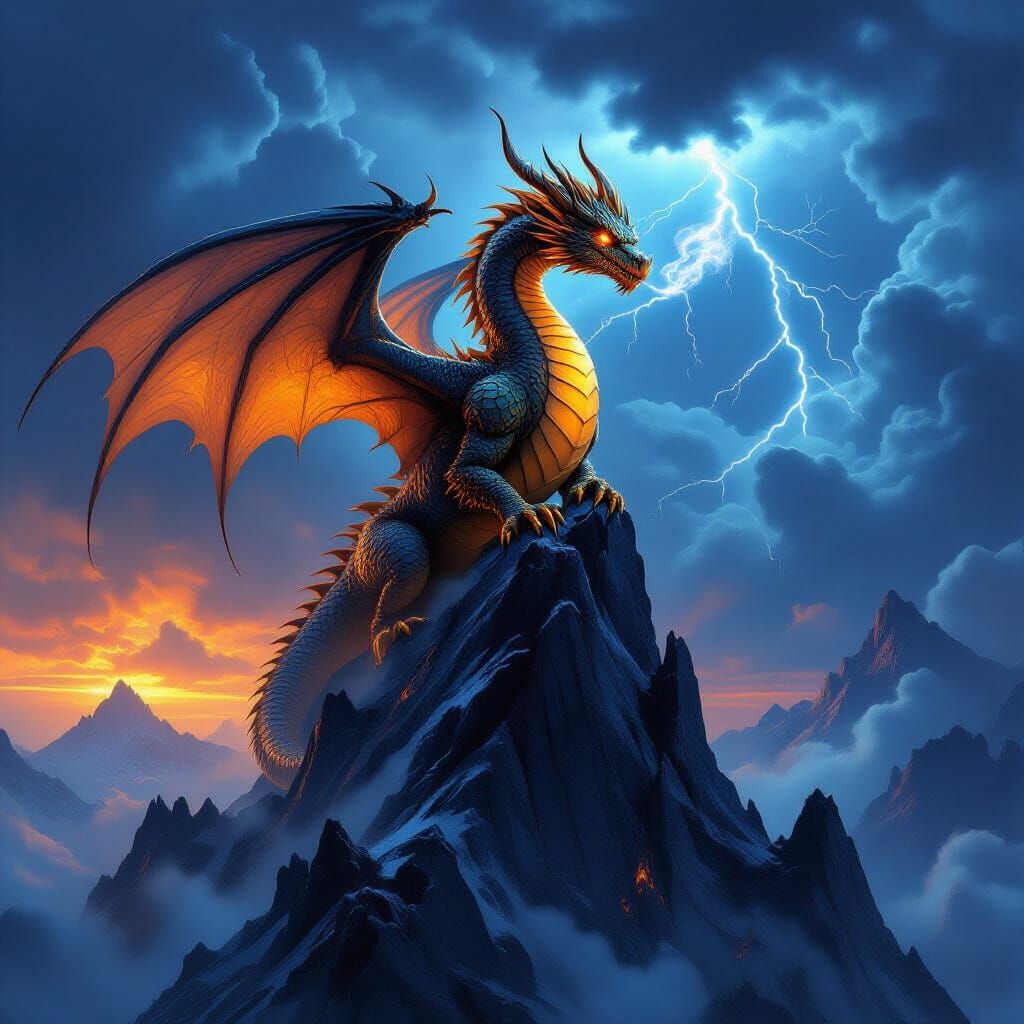 Ancient Gold Dragon on Obsidian Peak in Stormy Sky