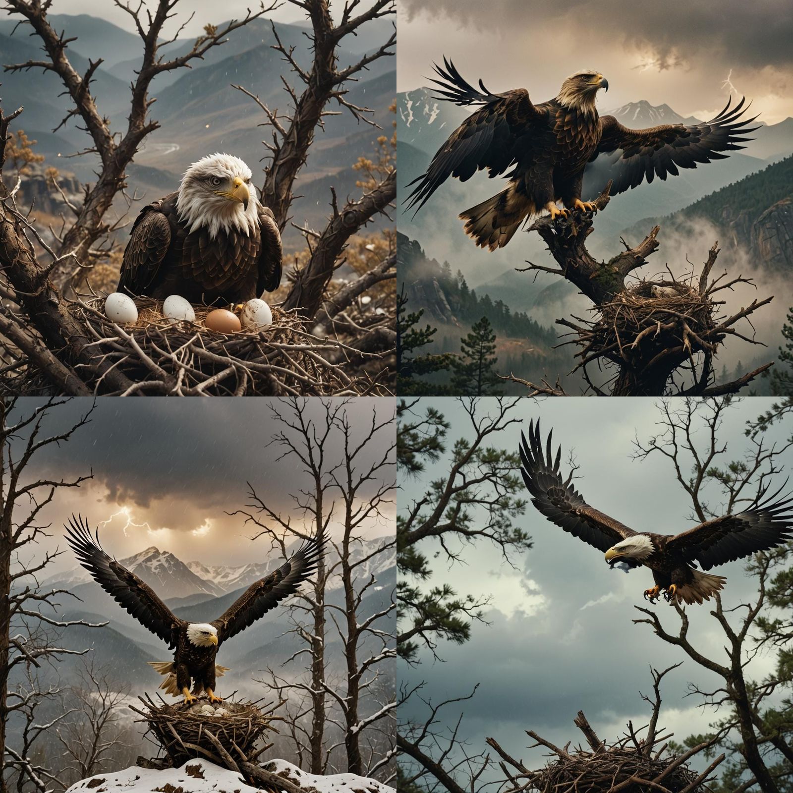 Eagle Bravely Shields Nest in Mountain Storm