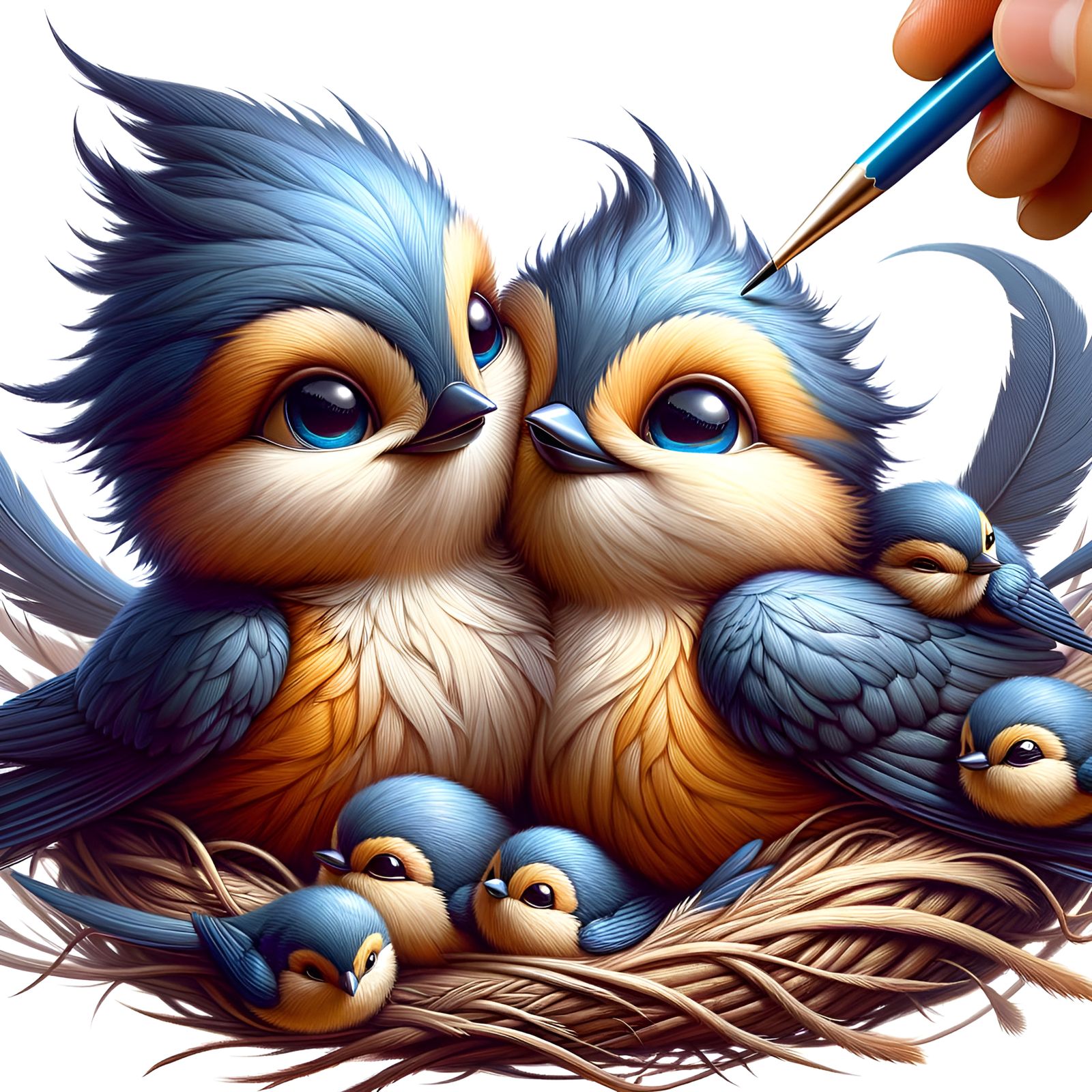 Animated Birds Snuggling, Oil Painting Style