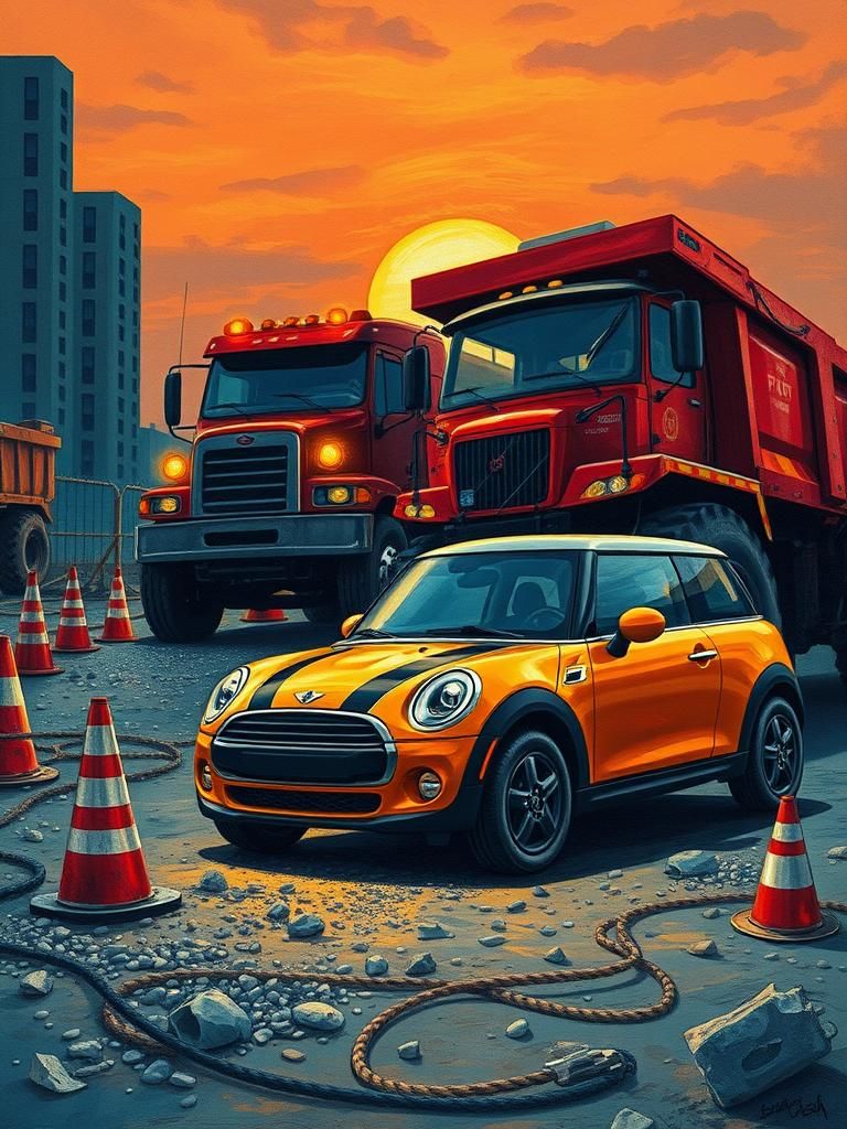 Twilight Construction Tug-of-War: Mini Cooper vs Dump Truck