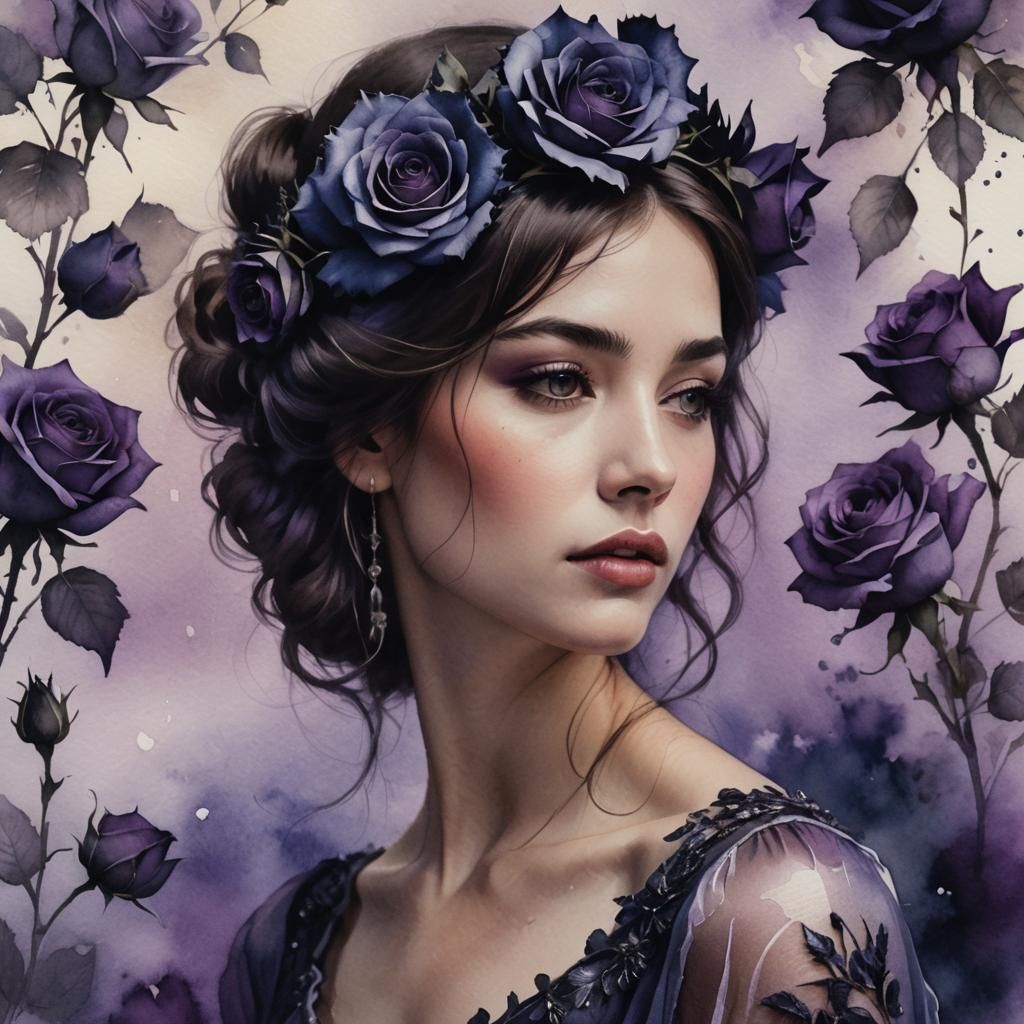 Brunette with Roses: A Romantic Watercolor Portrait