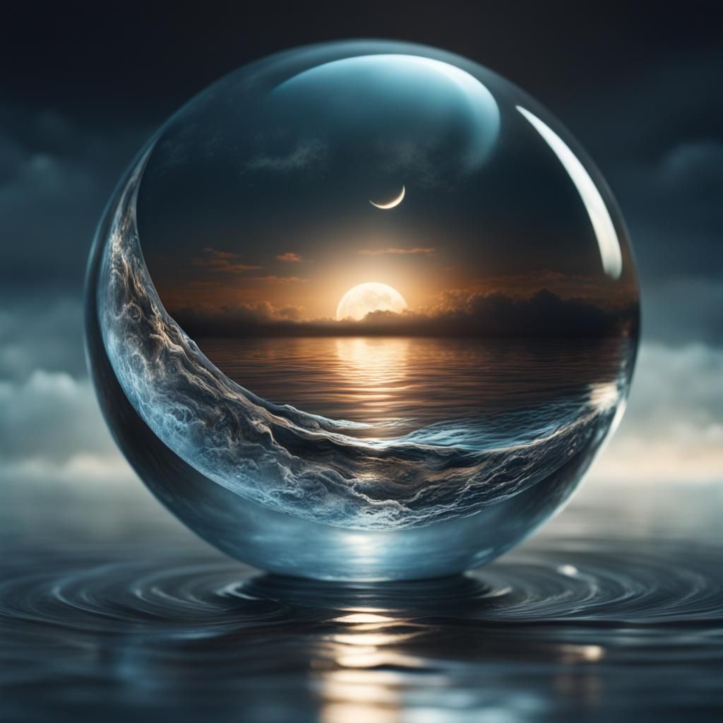 Glass Orb with Water and Crescent Moon
