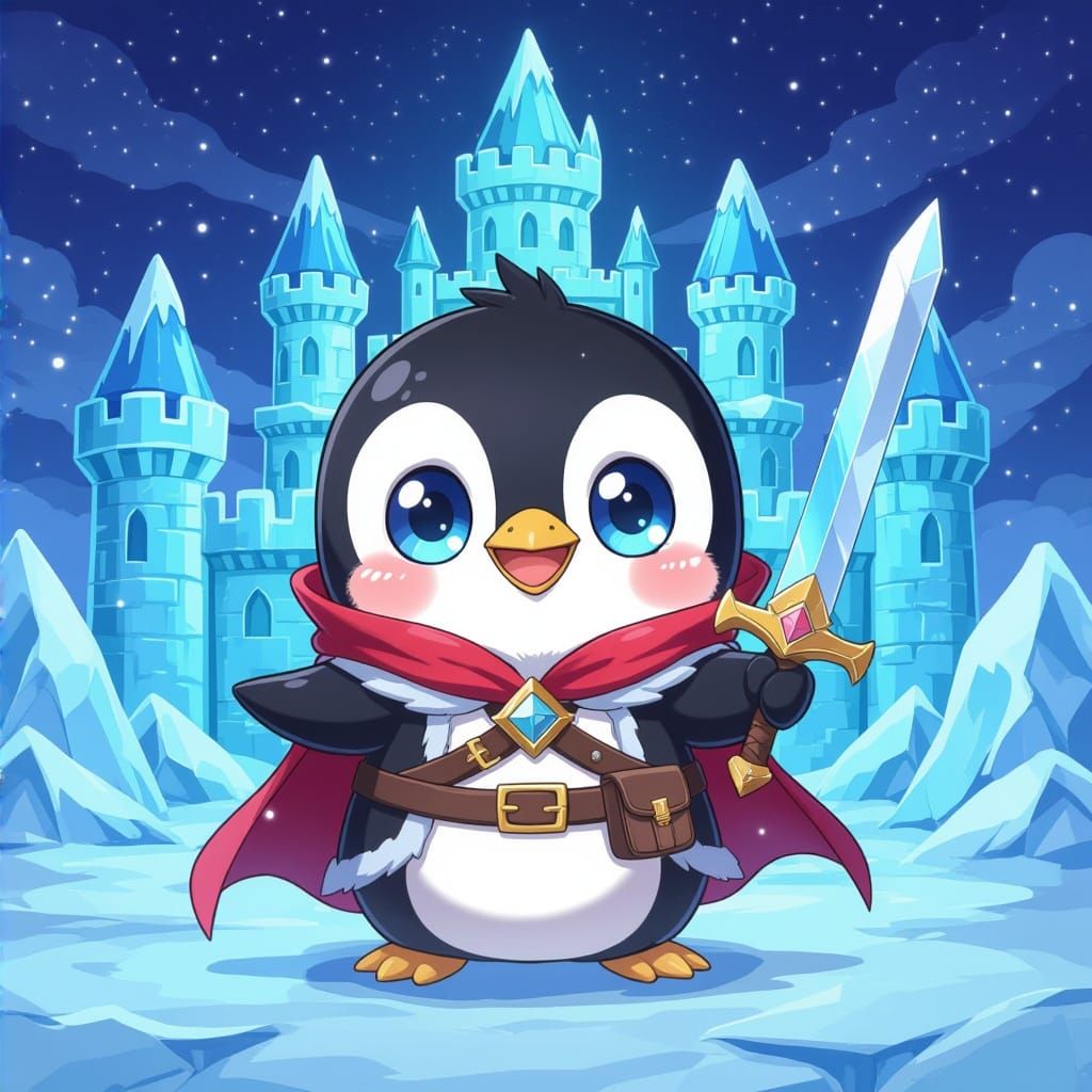 Kawaii Chibi Penguin Warrior Poses Victorious