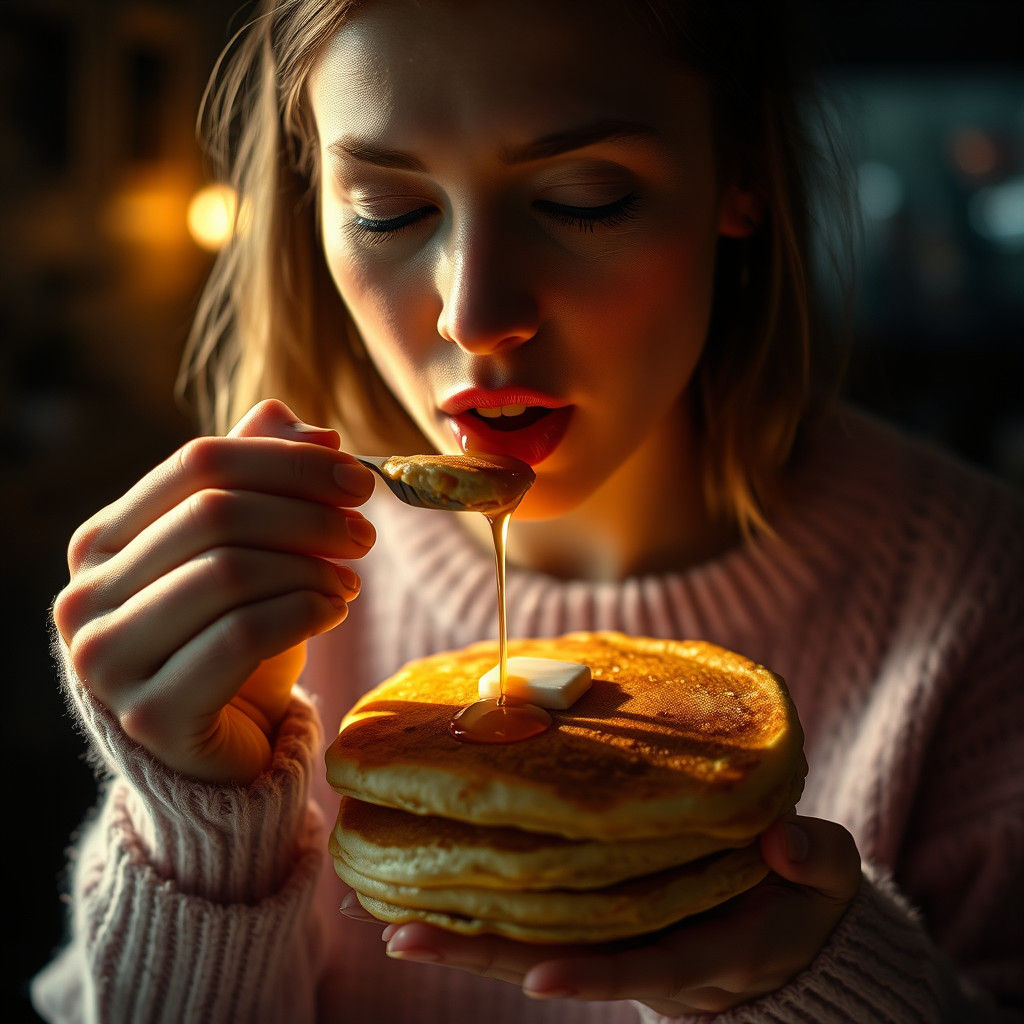 Hyperrealistic Woman Eating Pancake with Syrup