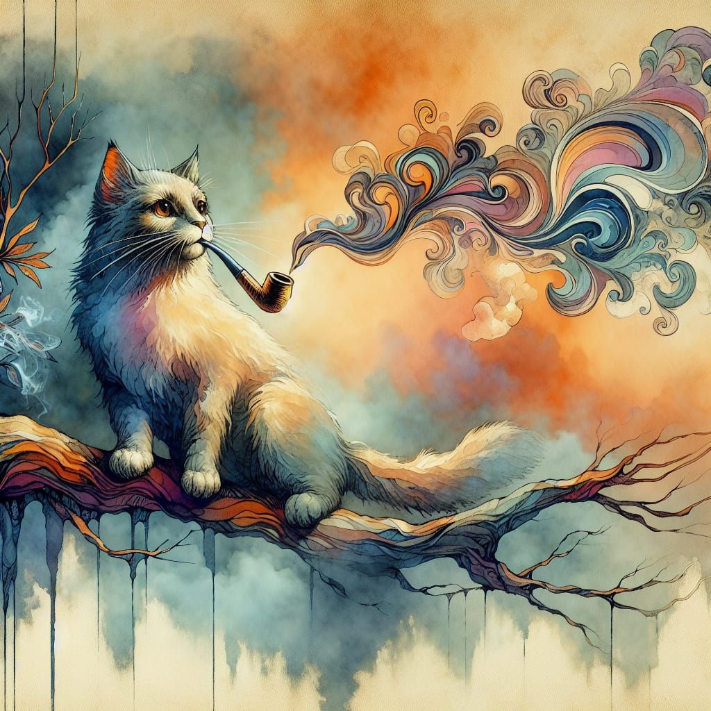 Cheshire Cat Smoking Pipe in Golden Hour Light