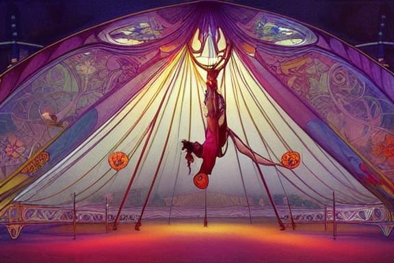 Trapeze Artists in Circus Tent, Art Nouveau Style