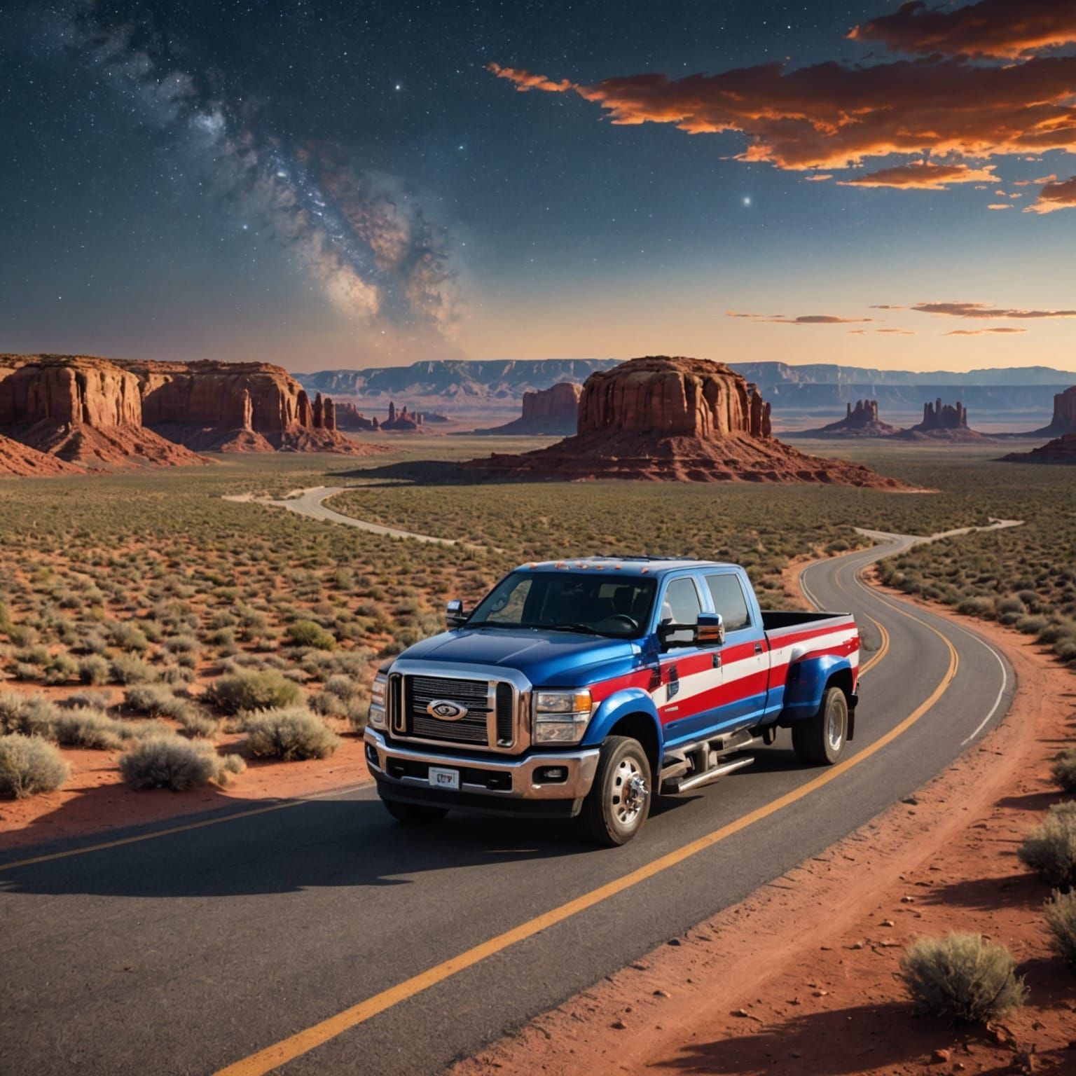 Stars and Stripes Truck on Desert Highway