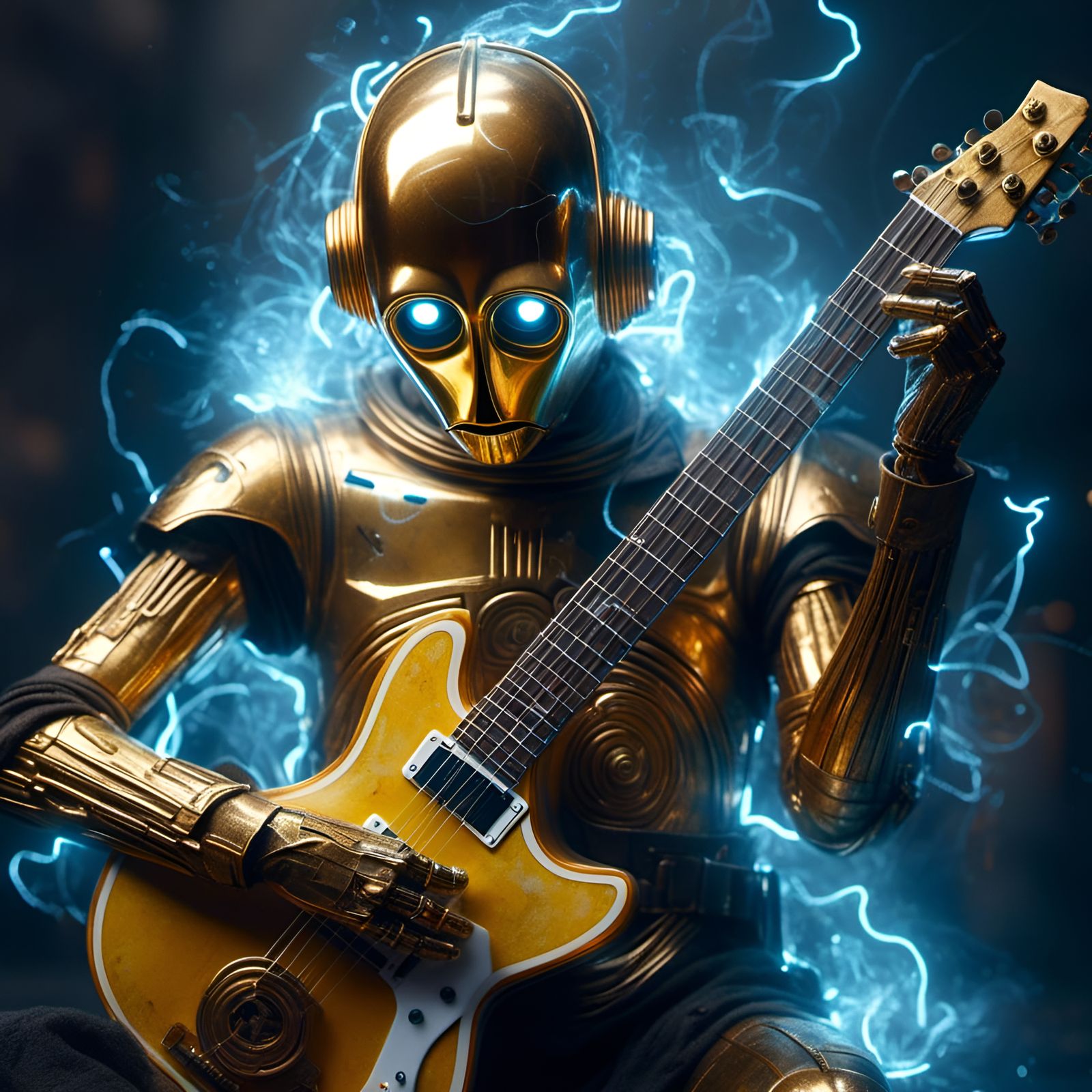 C-3PO Shreds on Electric Guitar, Digital Art