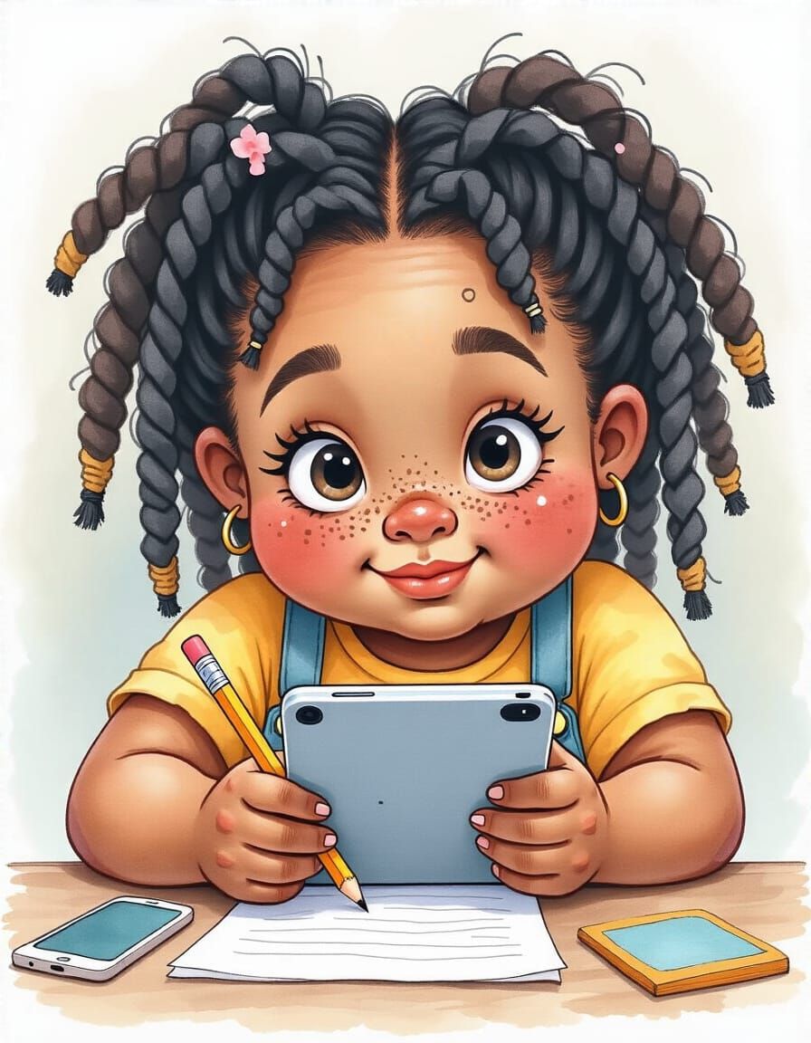 Playful Watercolor of a Young Girl Working