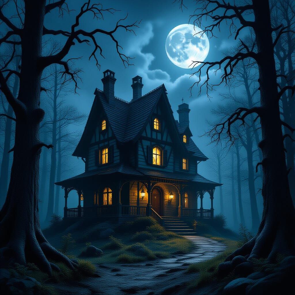 Spooky Witch House in Dark Forest Under Menacing Full Moon