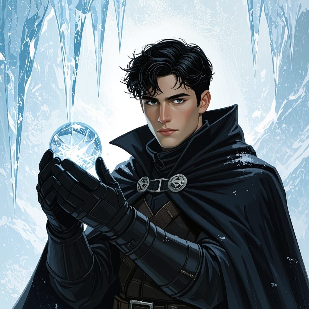 Epic Heroic Fantasy Ice Master in Retro-Futuristic Style