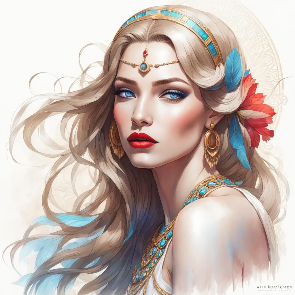 colorful Pencil sketch of A beautiful Egyptian princess in palace garden