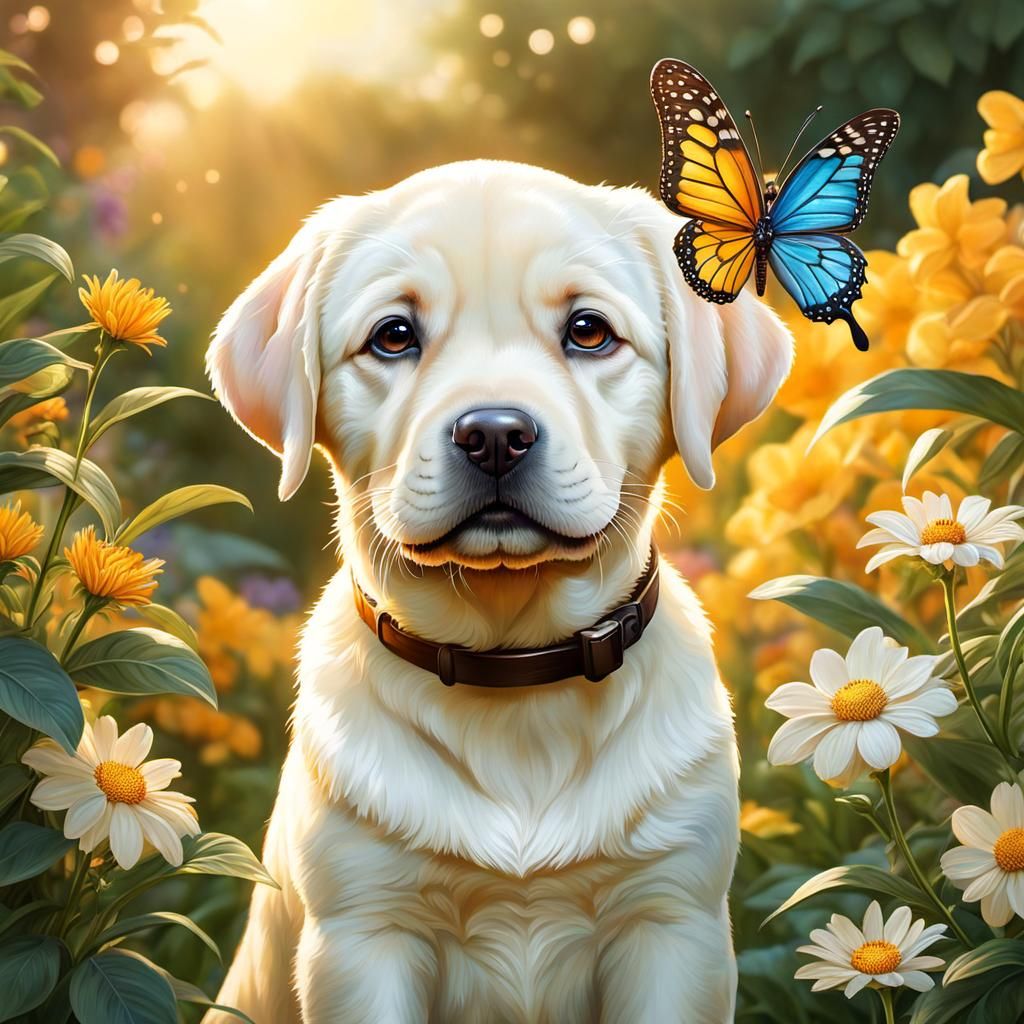 Cream labrador puppy with butterlfy