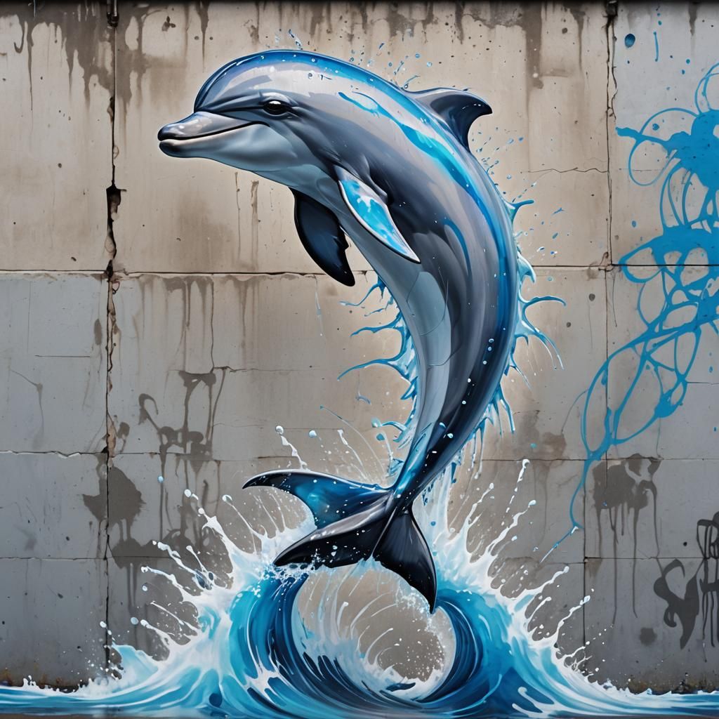 Anime-Style Dolphin Mural with Graffiti Ocean Waves