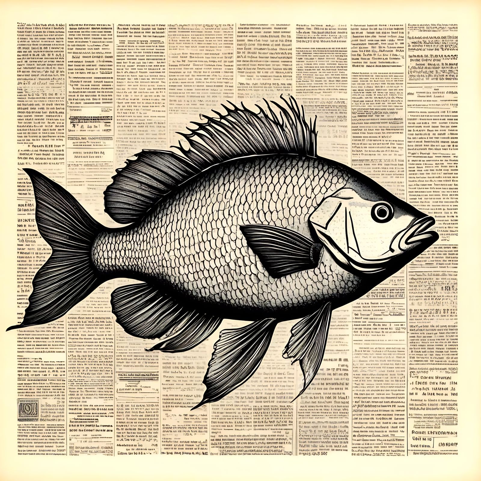 FIN Prompt: "Fish Illustration, Newsprint"