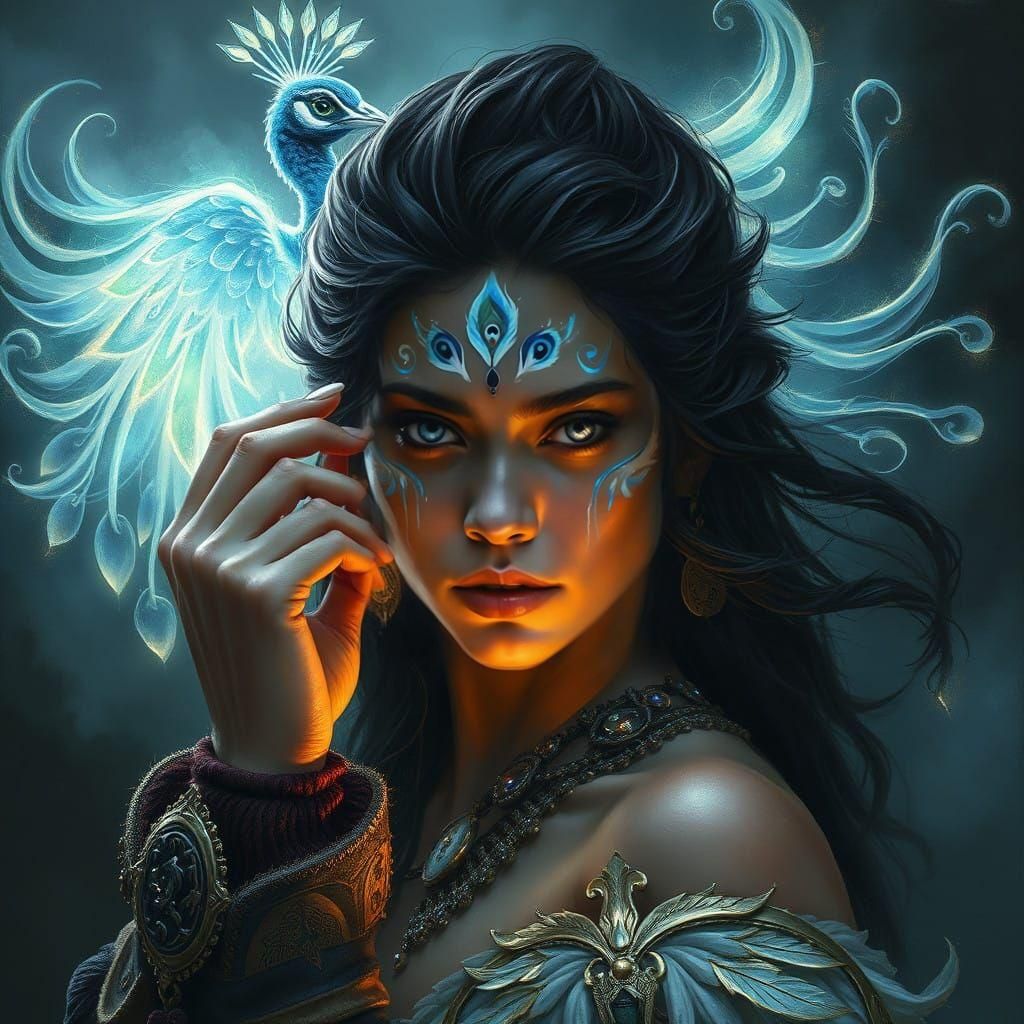Powerful Shamanic Fantasy Princess with Peacock Spirit Guard...
