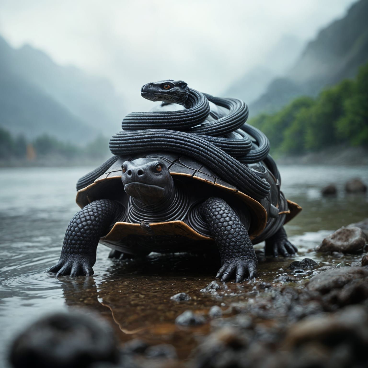 Mysterious Xuan Wu: Snake and Turtle by River