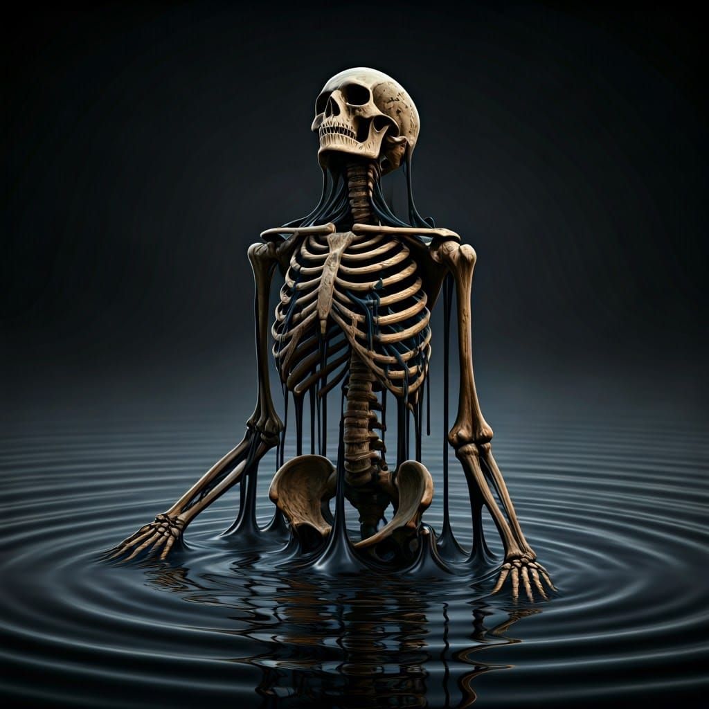 Gothic Skeleton Emerges from Tar Pool in Dark Woodland Scene