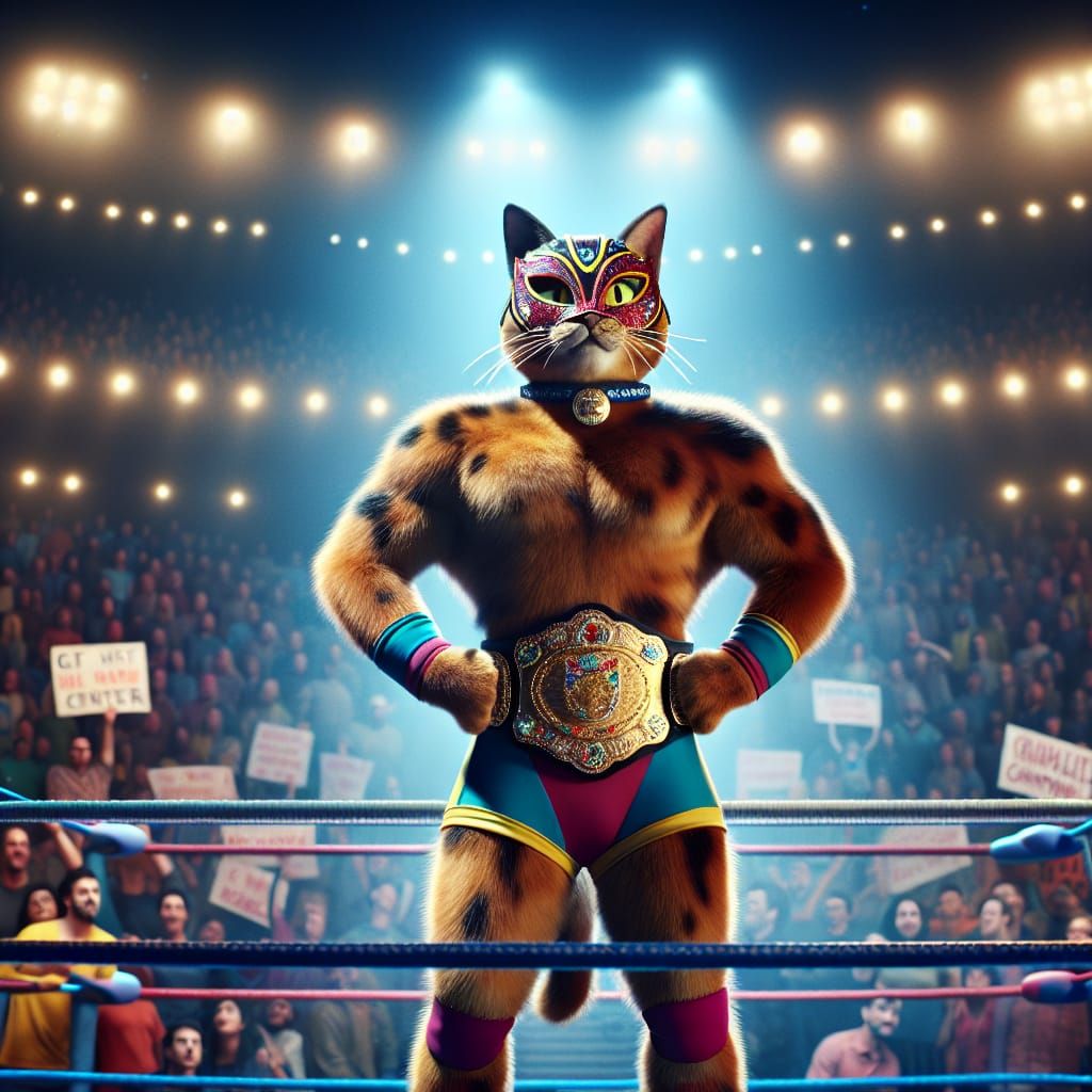 Muscular Cat Wrestler in a Crowded Ring