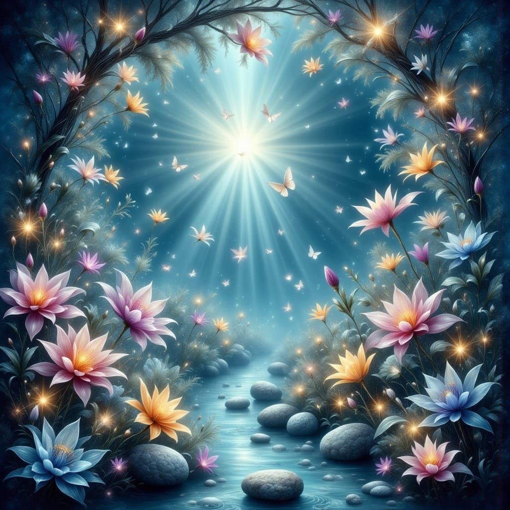 Emerald Dreamscape with Jewels and Spring Blossoms