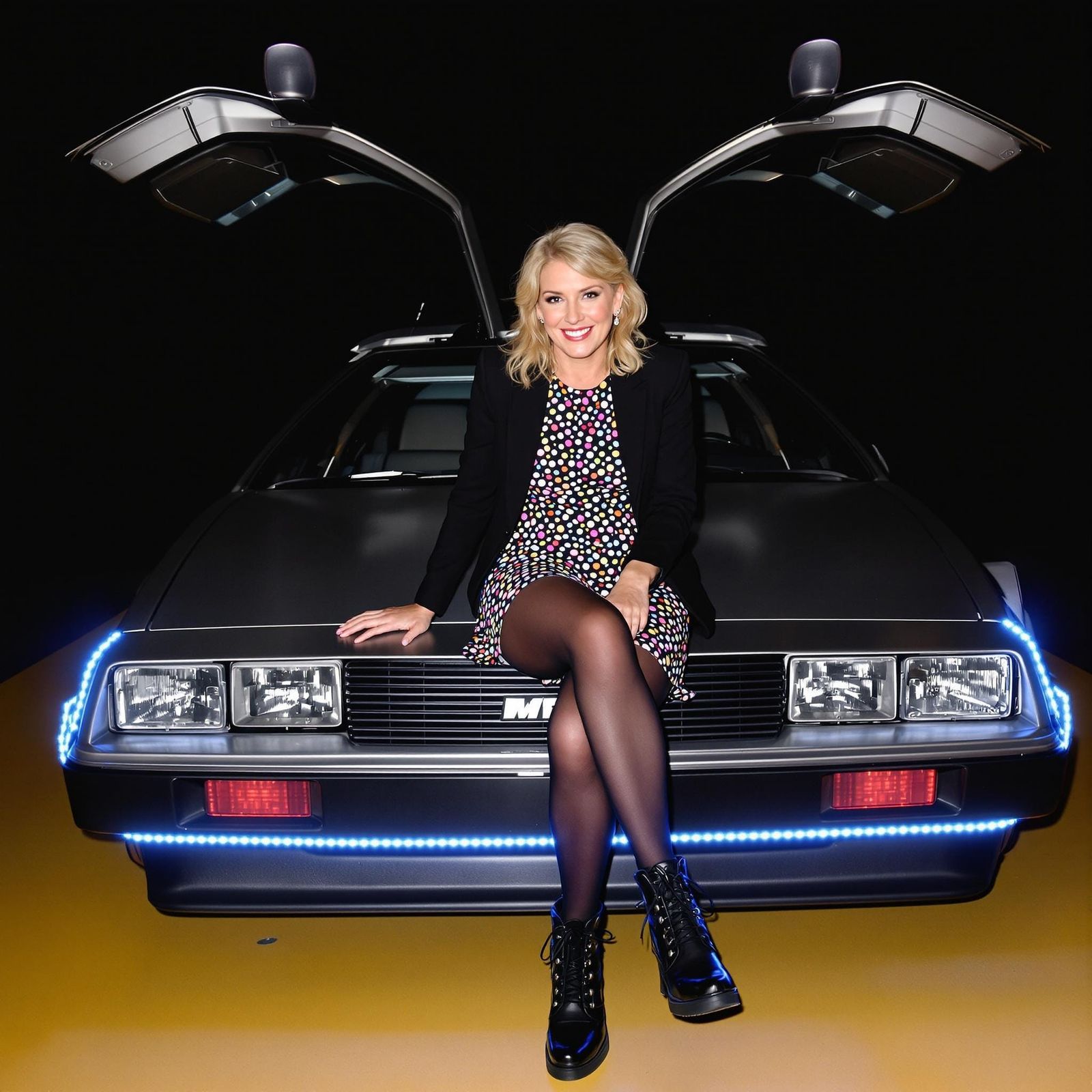 Timeless Woman in Retro-Futuristic DeLorean