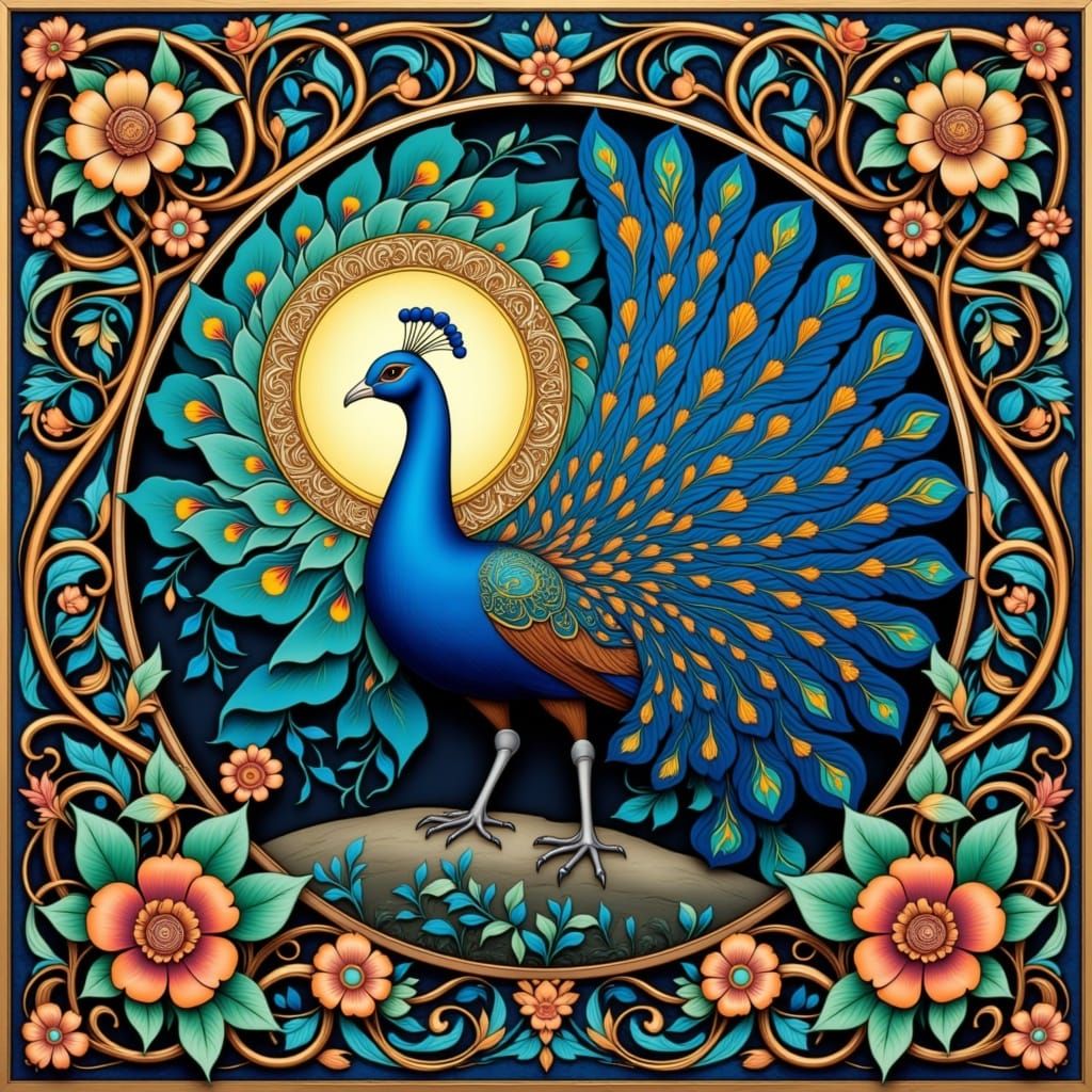 Peacock in Art Nouveau Style With Intertwined Vines