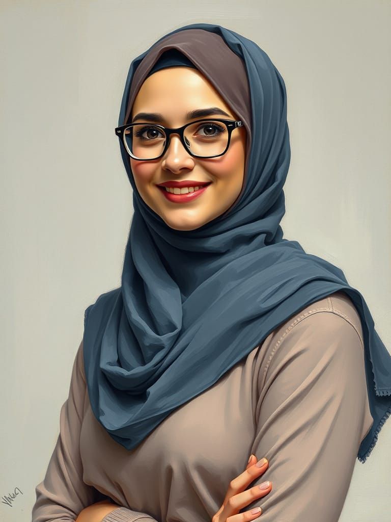Elegant Portrait of Woman in Hijab as Oil Painting
