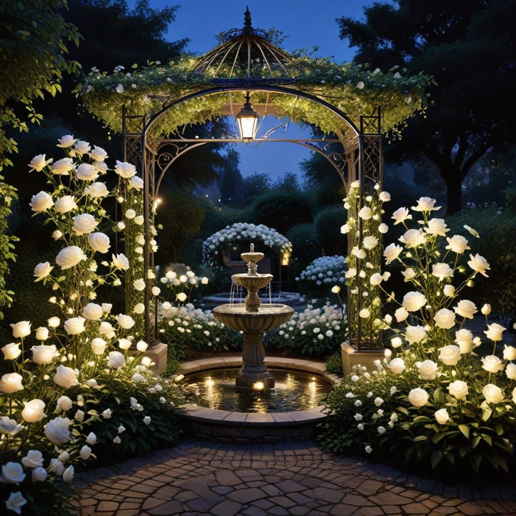Moonlit Garden Oasis with Romantic Stone Fountain