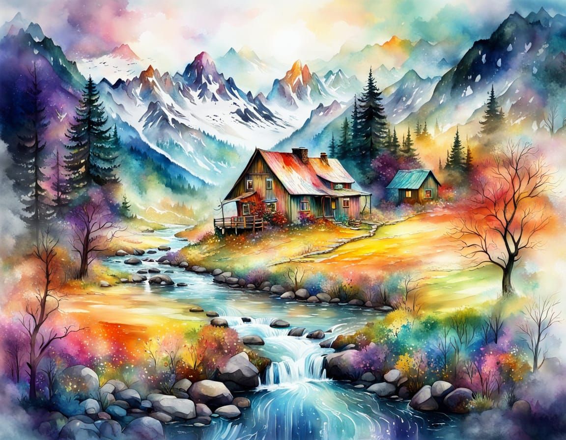 Watercolor Landscape with Wolf in Double Exposure Style