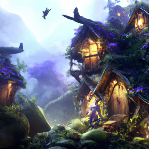 Enchanted Violet Fae Houses in Lush Forest