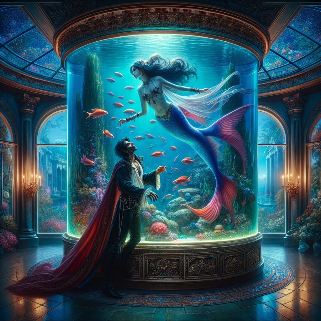 Vampire Rescues Mermaid in Romantic Oil Painting