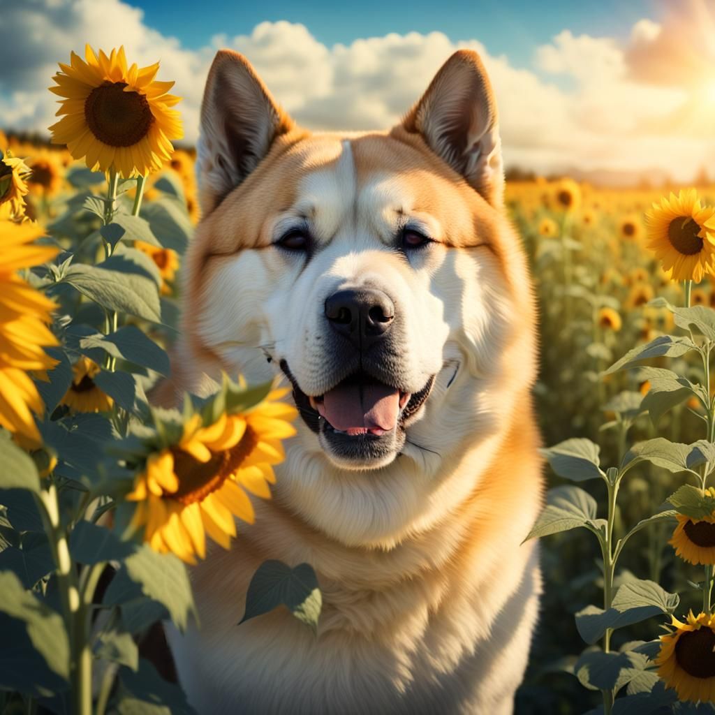 Akita Dog and Girl in Sunflower Meadow