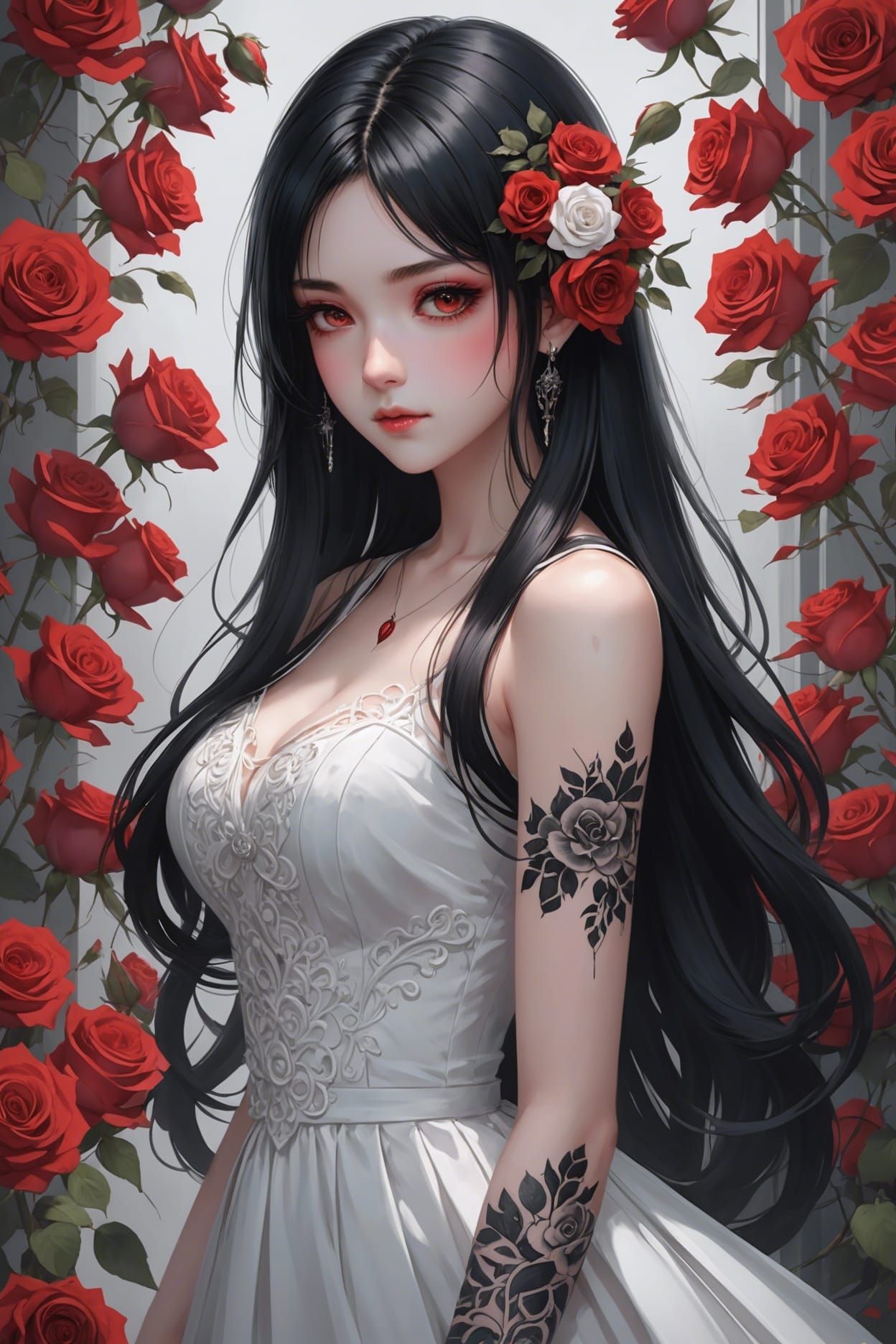 Anime Girl with Roses in Detailed Digital Art