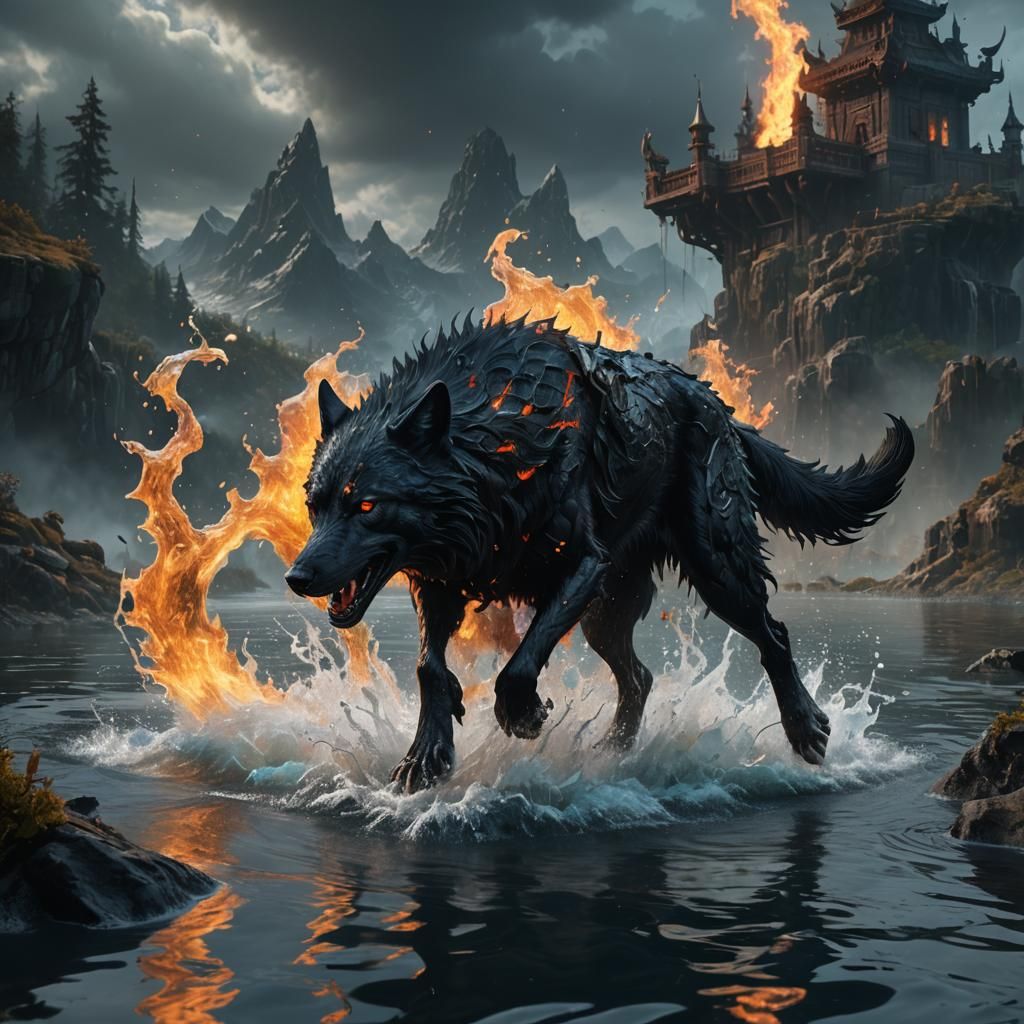 Fiery Black Wolf Walks on Water