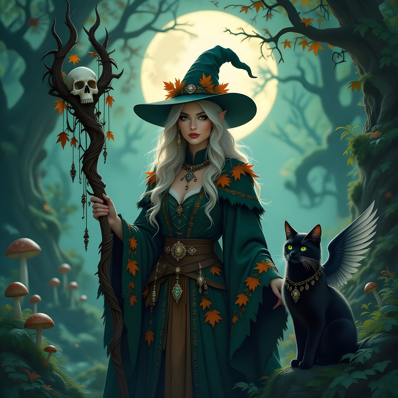 Elf Witch with Feathered Staff and Cat Familiar