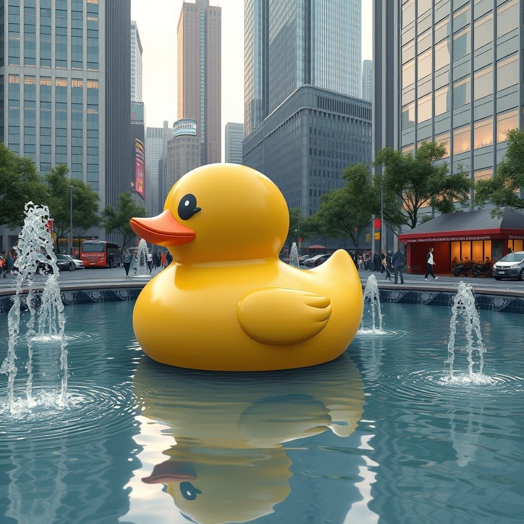 Giant Rubber Duck in City Fountain, Cyberpunk 3D Concept Art