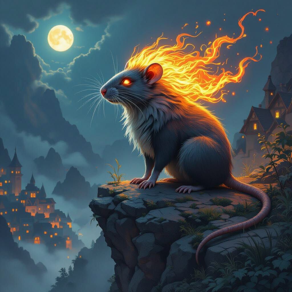 Fiery Rat Overlooks Gloomy Village: Digital Art