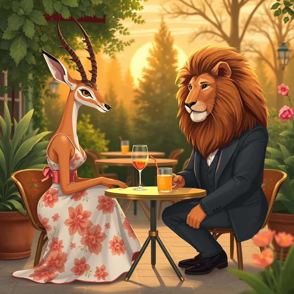 Gazelle and Lion Romantic Sunset Dinner, Dreamlike Illustrat...