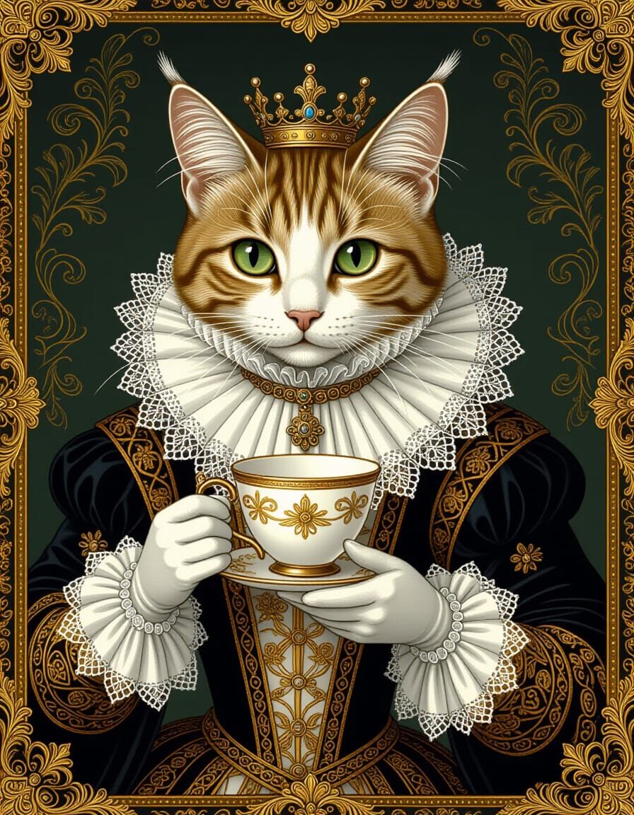 Renaissance Cat with Cup in Ornate Attire