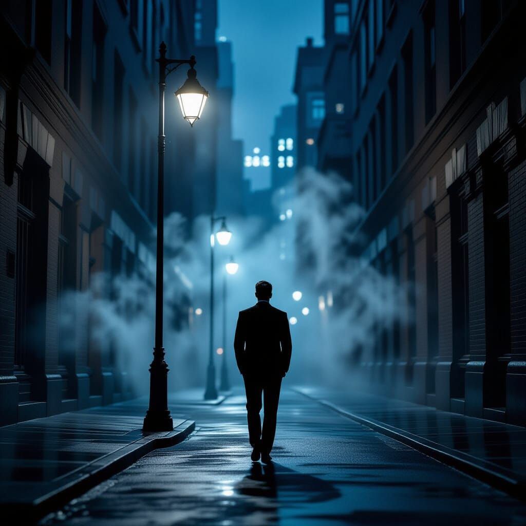 Man in Suit Under Streetlamp in Moody Urban Alley