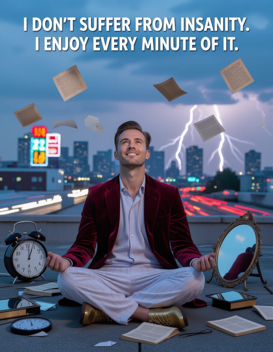 Man Embraces Joyful Madness on Rooftop at Twilight