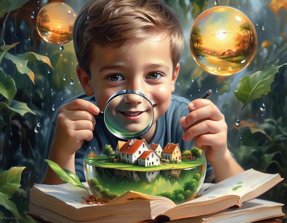 Boy Studies Tiny Village in Water Droplet