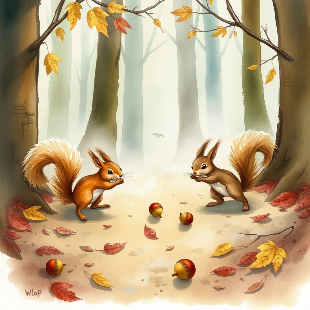 Envision a tranquil scene of playful squirrels frolicking am...