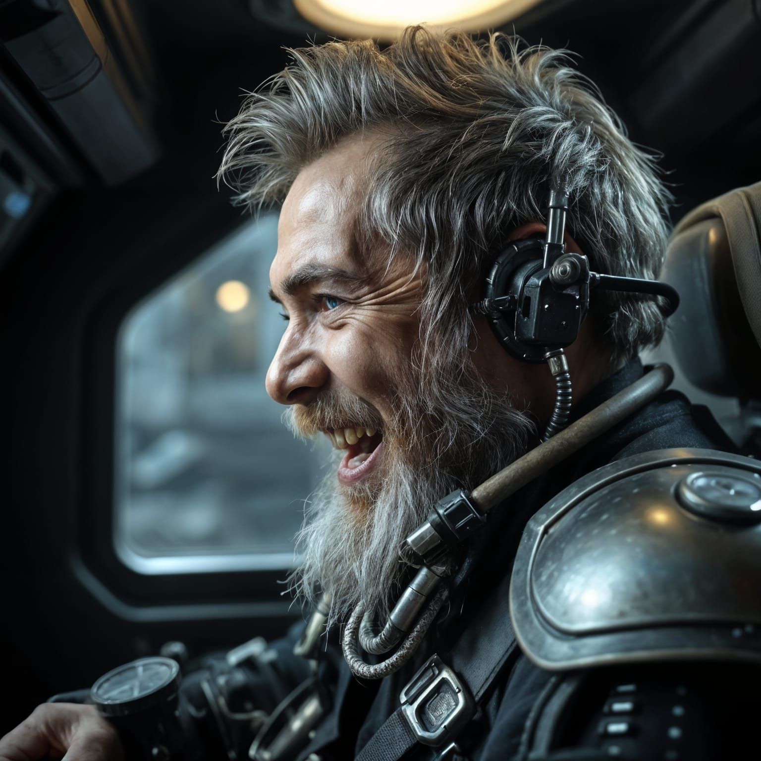 Cyborg Dwarf in Mech Cockpit: Sci-Fi Action Scene