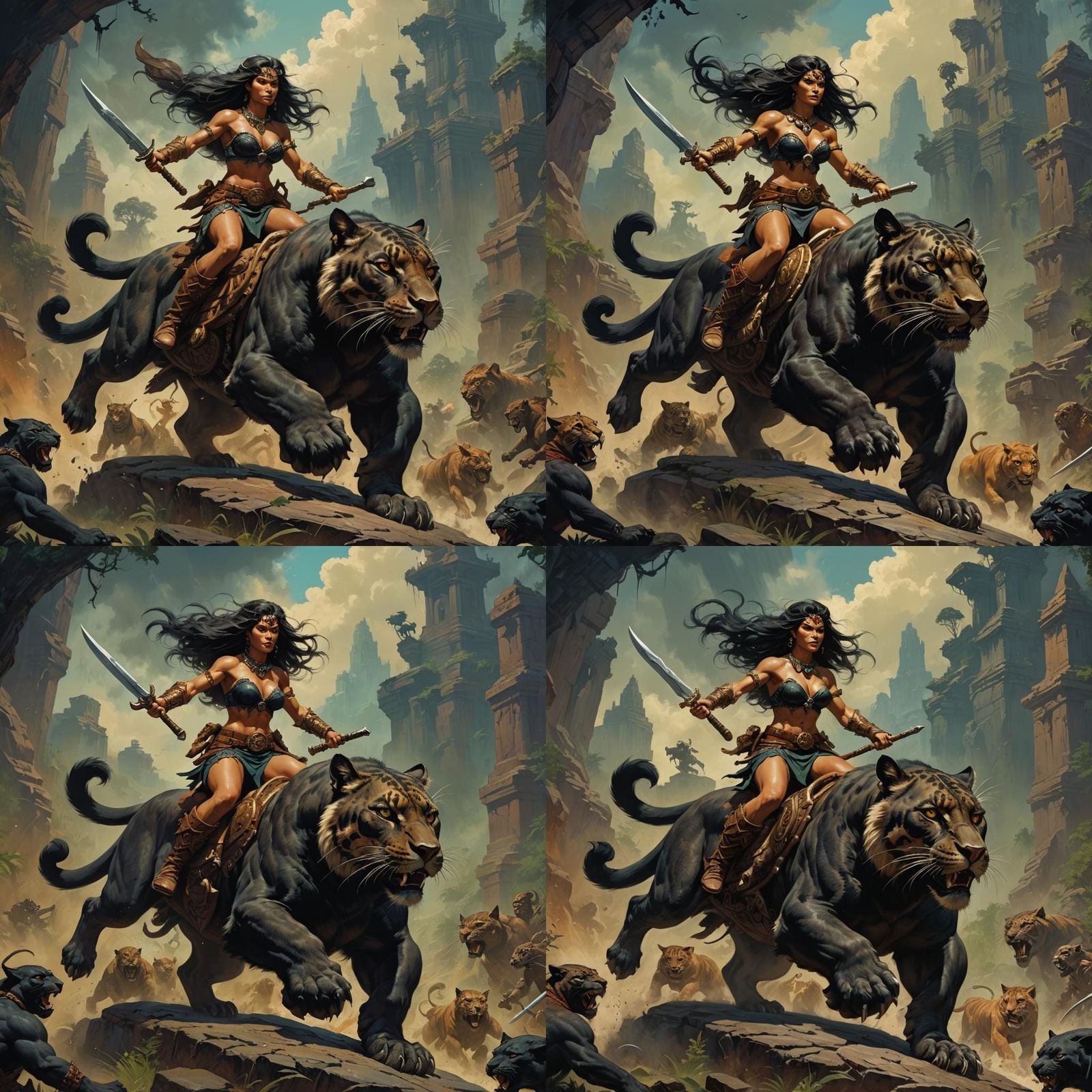 Female Barbarian on Panther, Frank Frazetta Style